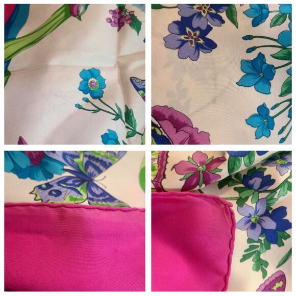 MCM -ONLY ONE- Hot Pink & Blue Floral Butterfly Print 34" 100% Silk Scarf VGUC - Picture 10 of 11
